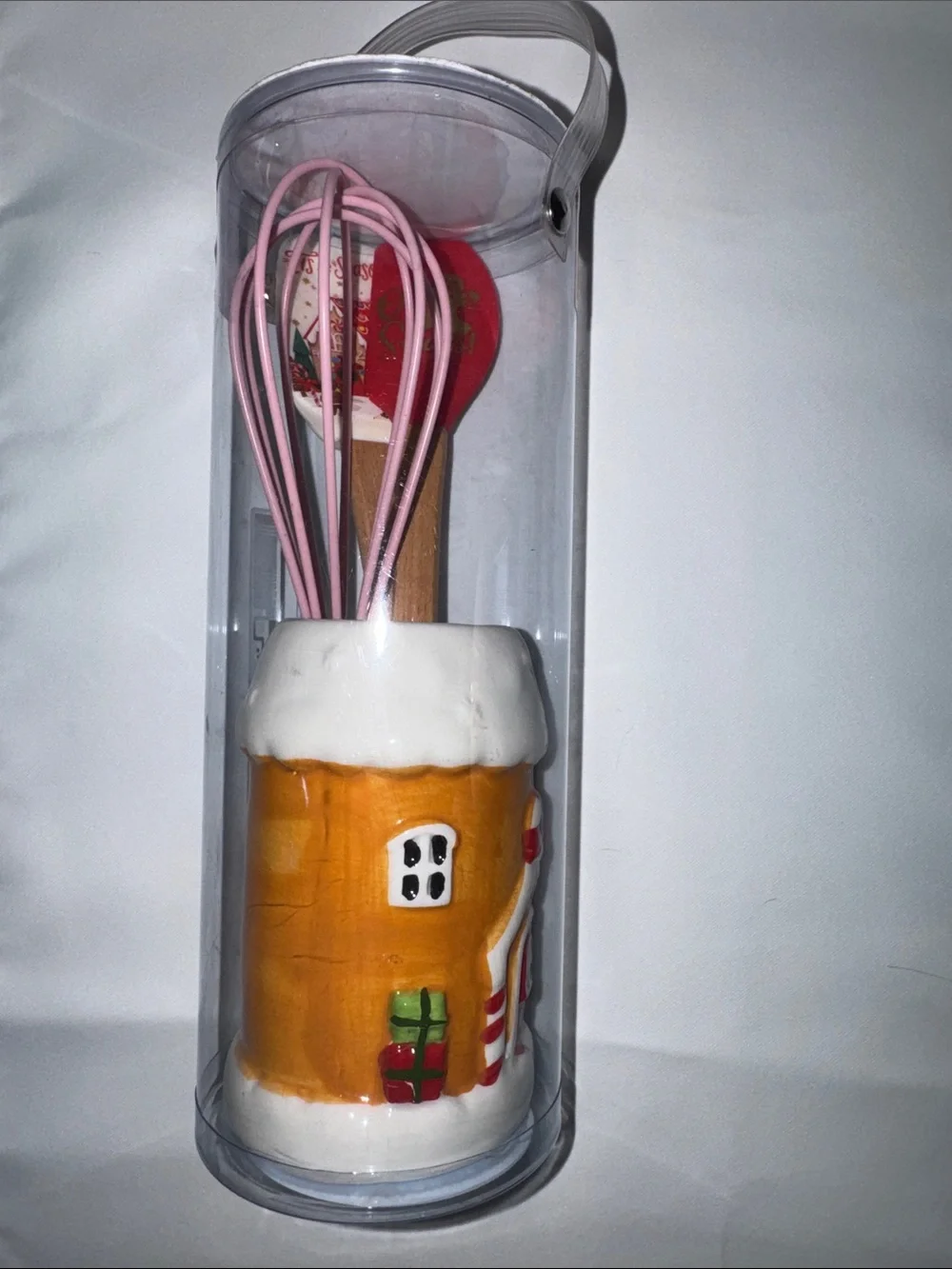 Ceramic Gingerbread House Utensil Holder with Pink Silicone Whisk